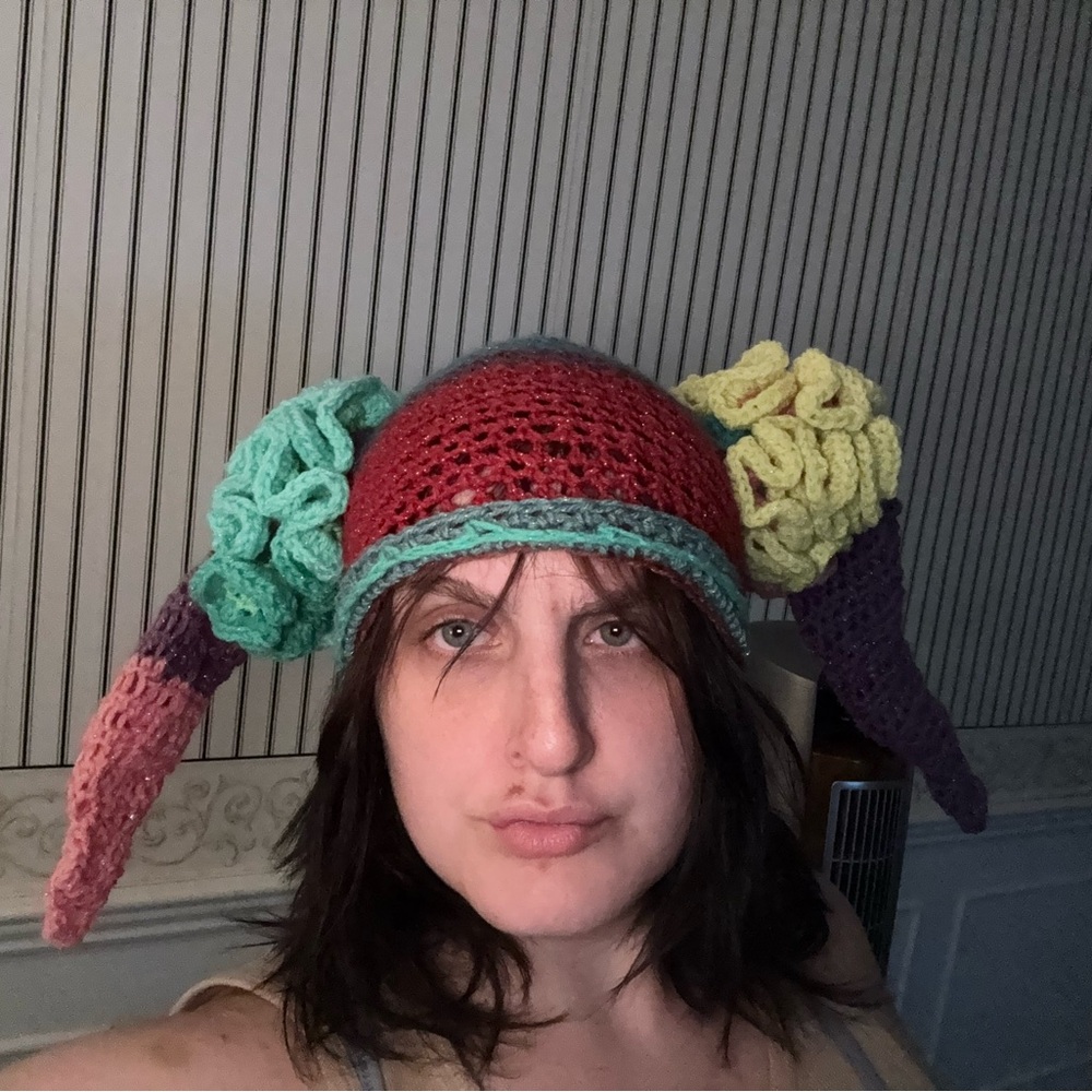 Colorful Crochet Hat with some funky, frilly flaps;Nice grip on my M/L noggin!